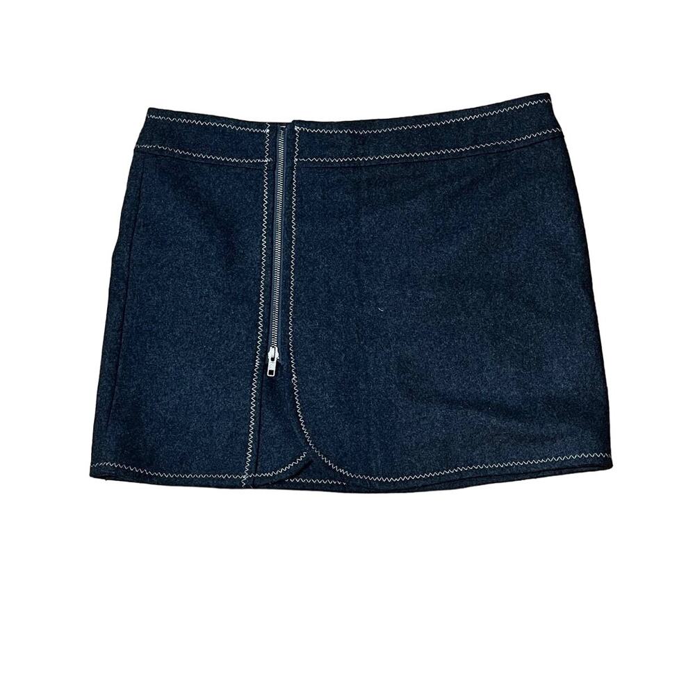 Wool Blend Front Zip Mini Skirt Purnell Women’s 8 Dark Gray Lined Zig Zag Stitch